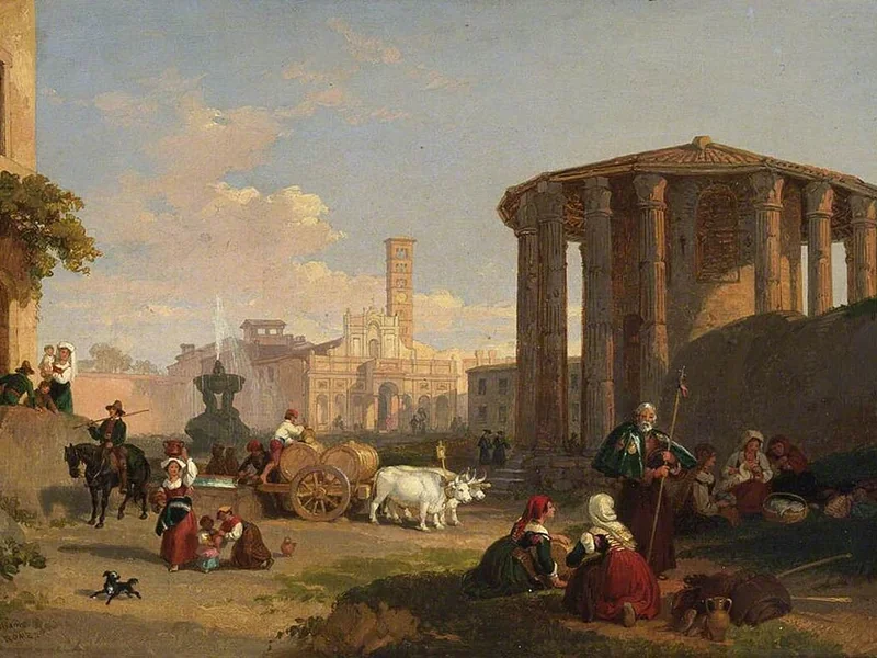 1802-Penry Williams - Tempio di Ercole Vincitore, Piazza di Bocca della Verità e Chiesa di Santa Maria in Cosmedin